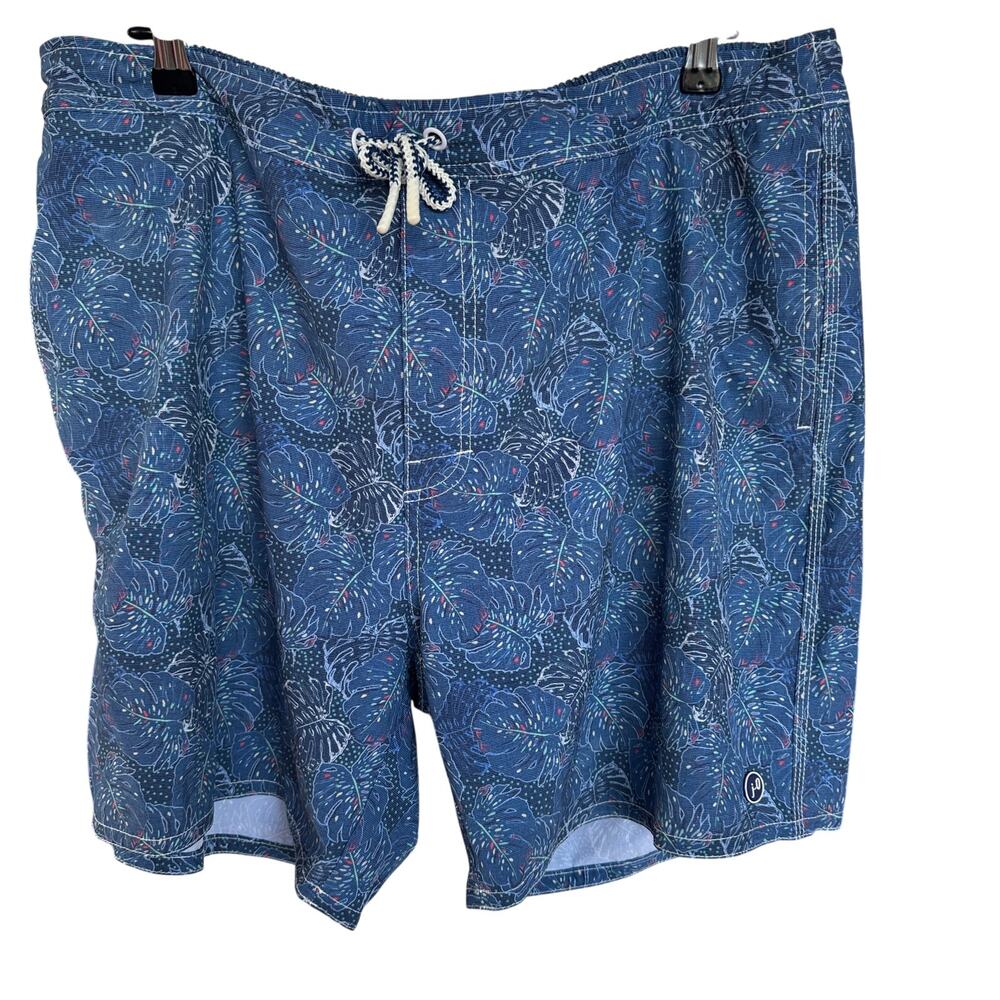 Johnnie-O Blue Leaf Print Bongo Swim Trunks Mens XXL Lined Beach Board Shorts